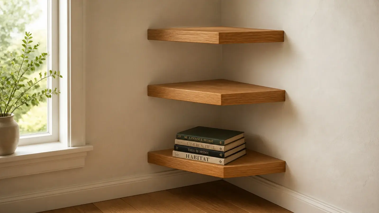 stack of hardback books placed on the lowest tier of a corner shelf