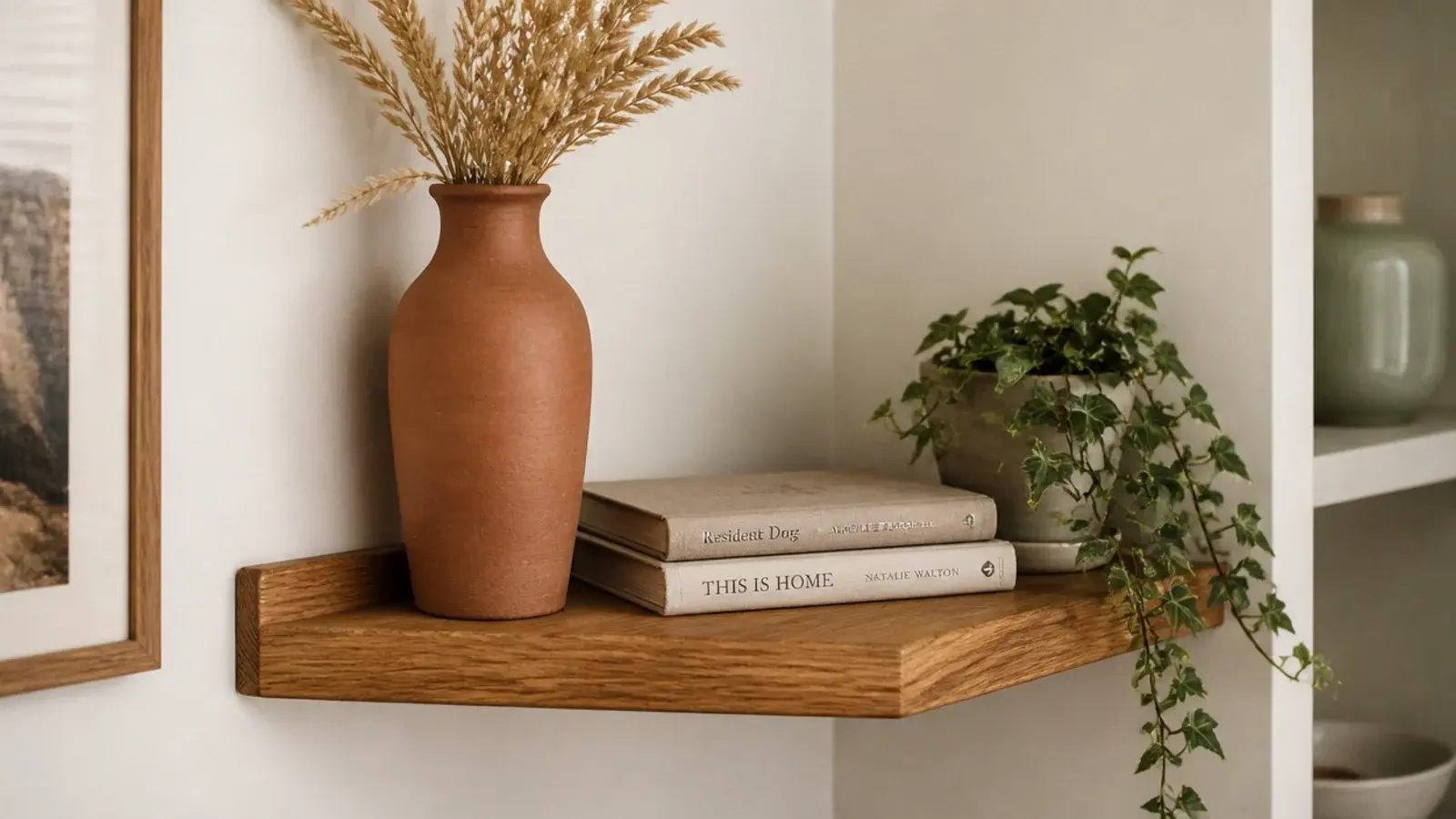 styled corner shelf with tall vase stacked books and trailing plant