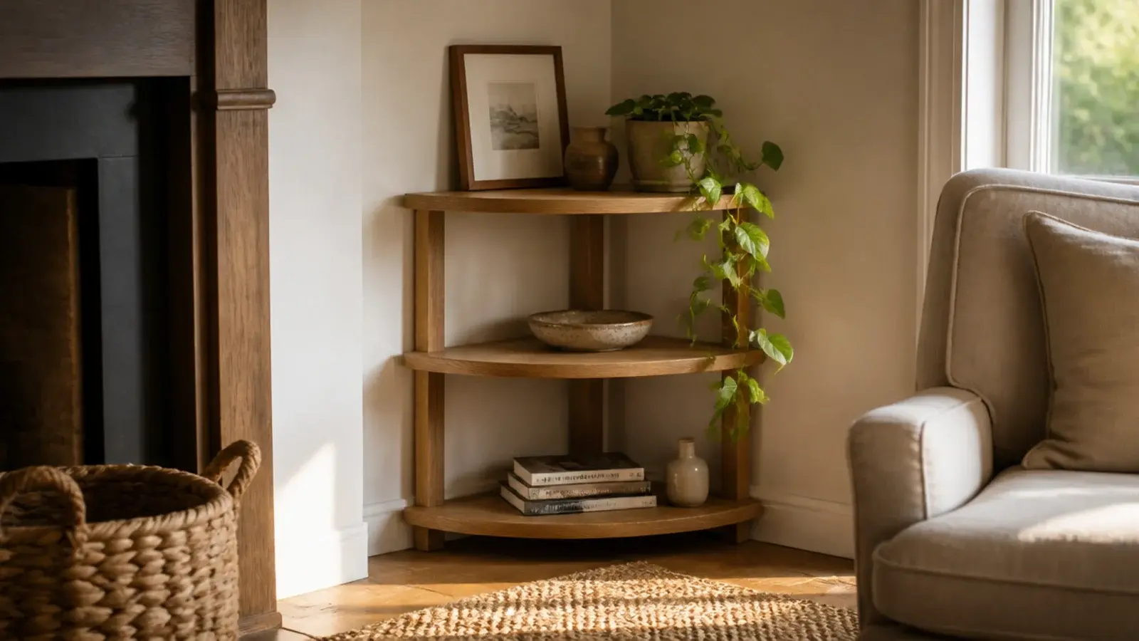 finished wooden corner shelves styled simply in a warm living room