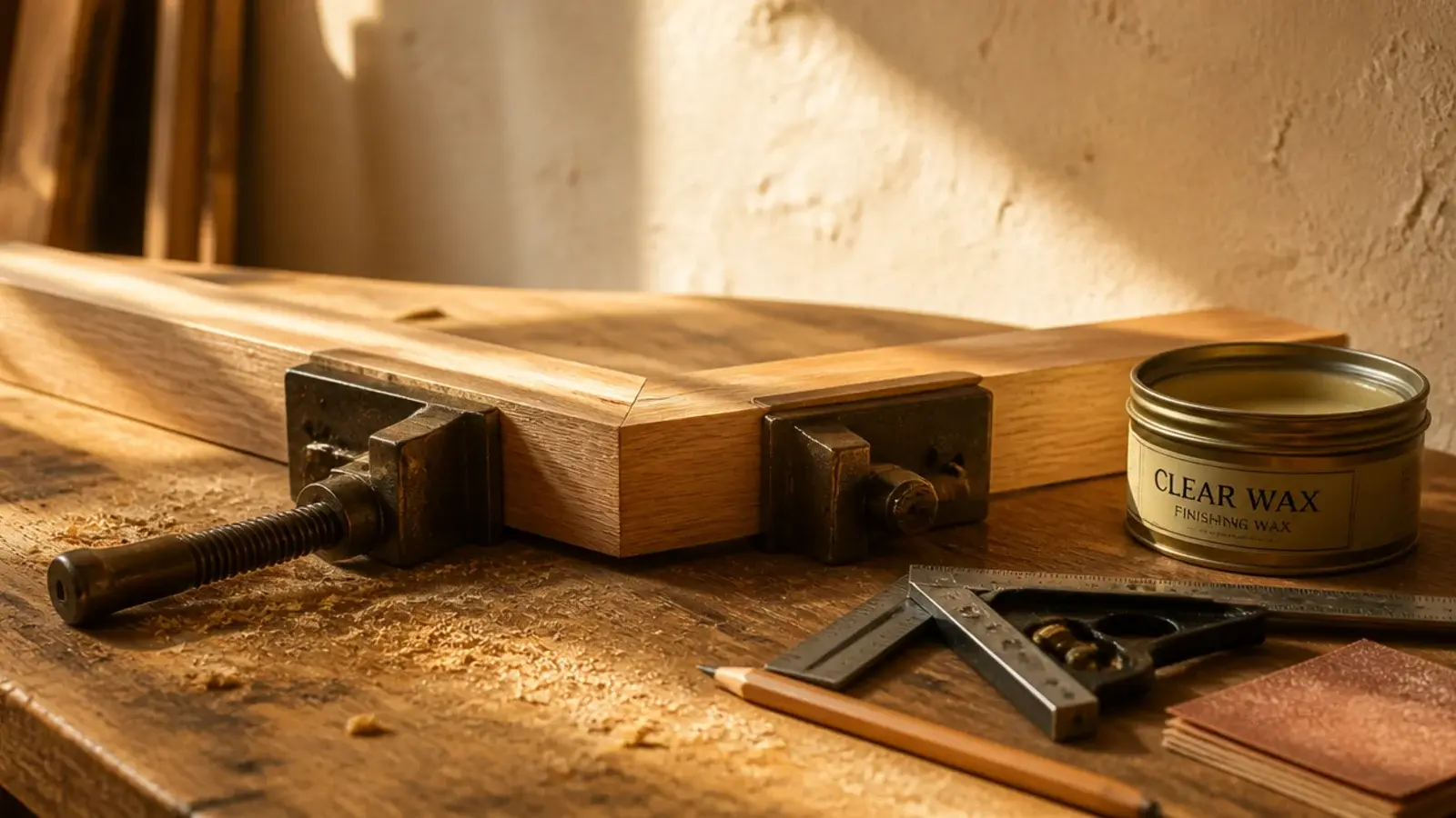 hands-free view of freshly cut oak boards clamped for a diy corner shelf build