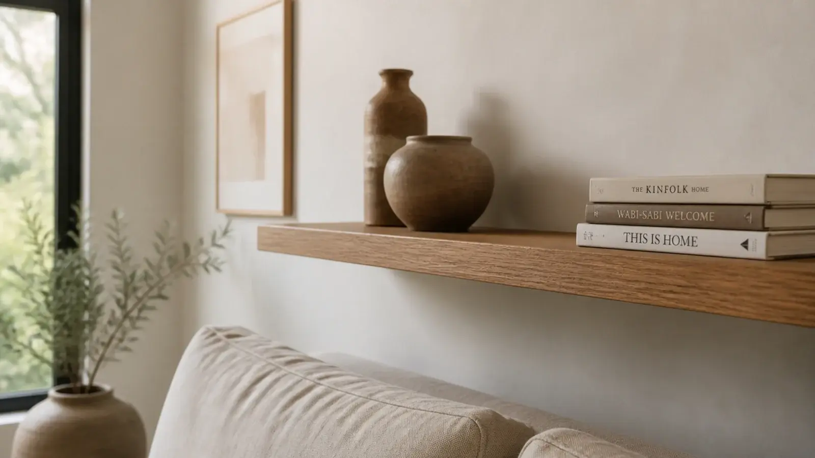 single floating oak shelf mounted above a linen sofa in a room corner