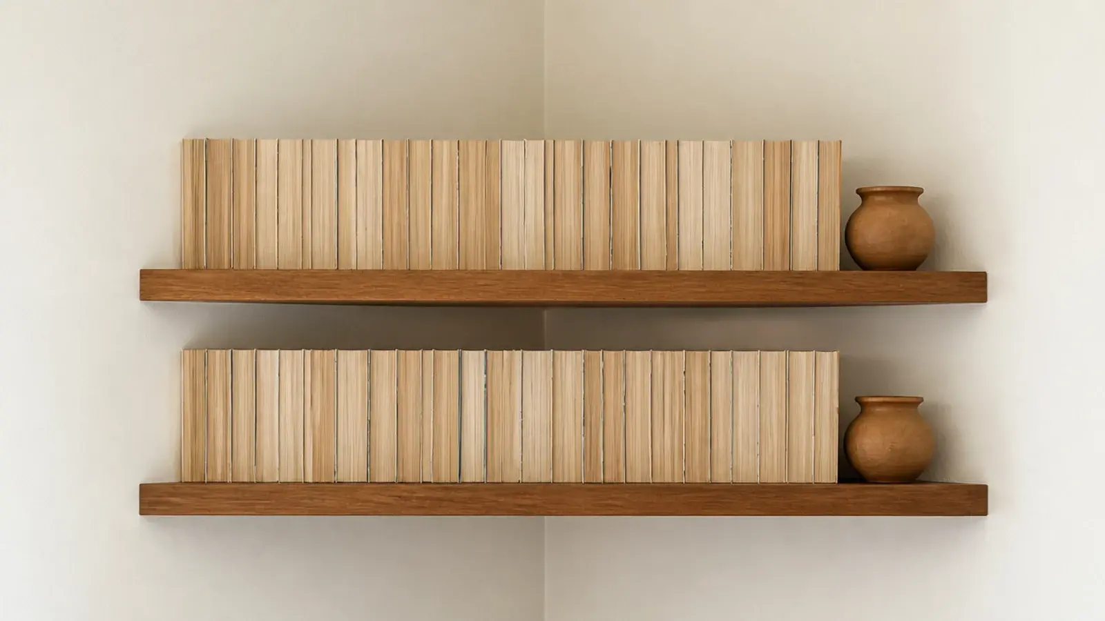 two closely spaced floating corner shelves filled with paperback books