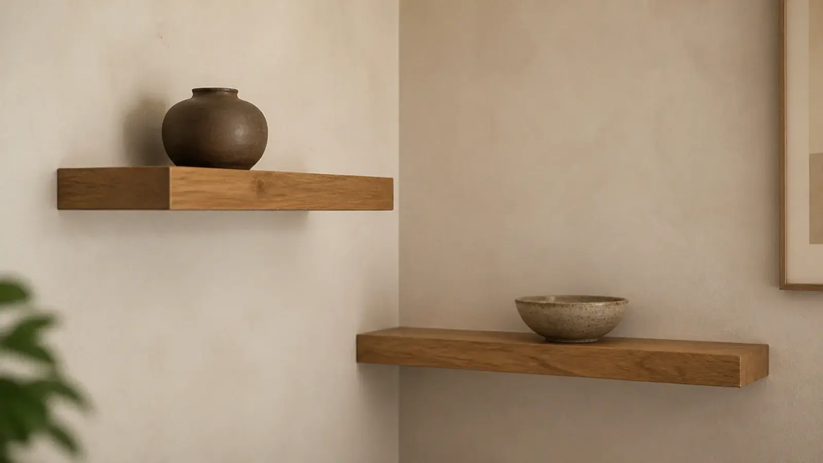 two floating corner shelves mounted at deliberately offset heights