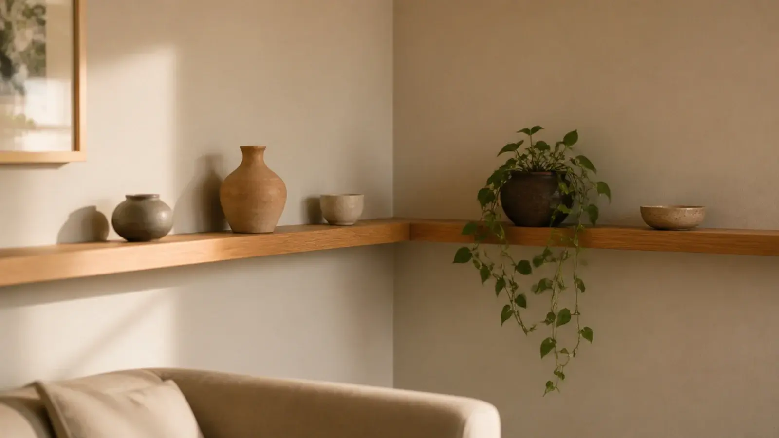 continuous floating shelf wrapping around a corner across both walls