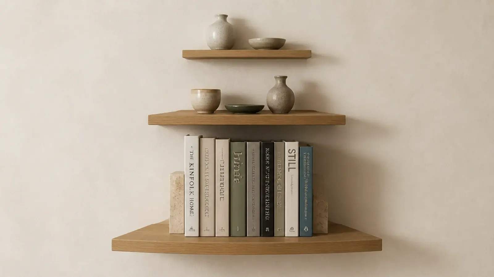 floating corner shelves tapering from deep at base to shallow on top