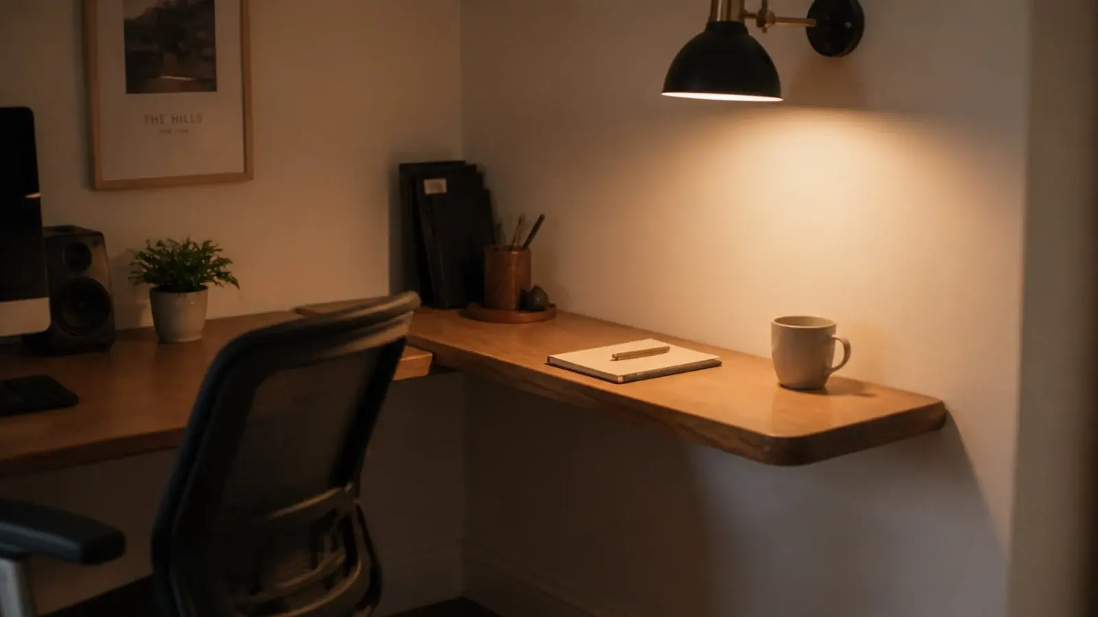 floating corner shelf used as an extension beside a small desk
