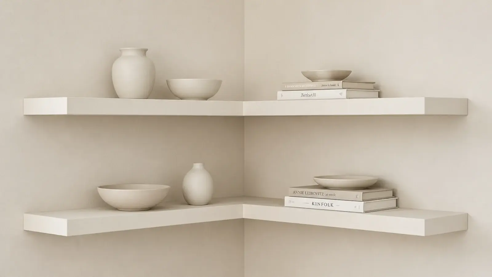 cream painted mdf floating corner shelf blending into the wall