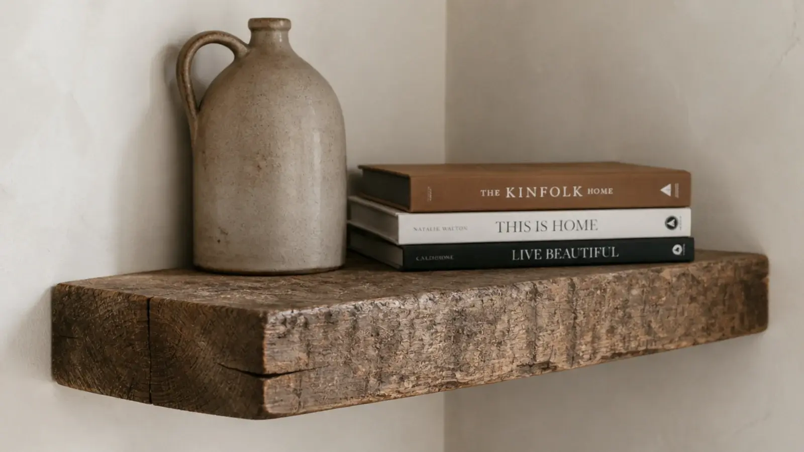 chunky reclaimed scaffold board floating shelf with visible saw marks