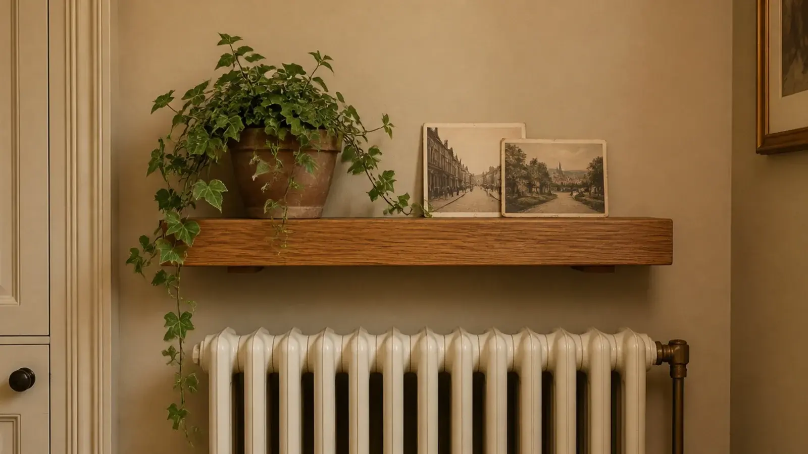 floating corner shelf mounted with clearance above a column radiator