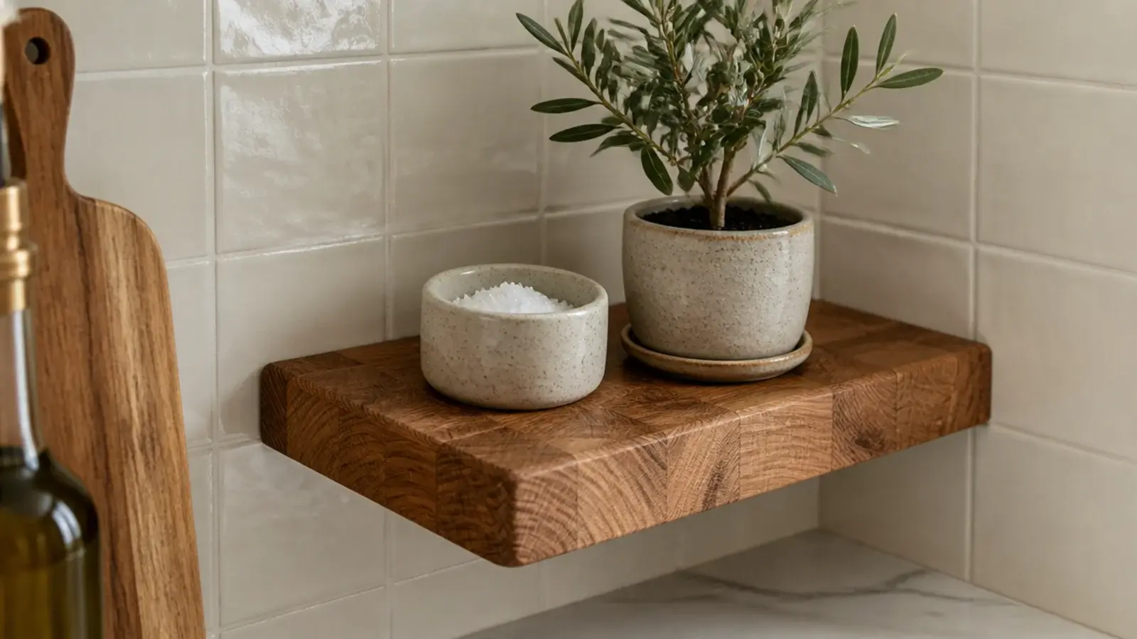 thick butcher block offcut mounted as a chunky floating corner shelf