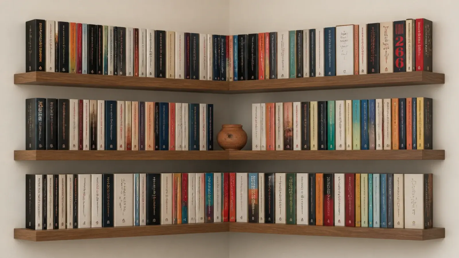 three tightly spaced floating corner shelves filled with paperback rows