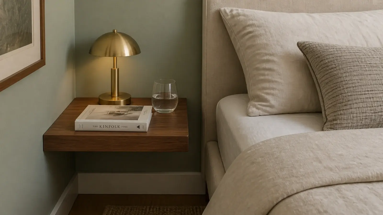 small floating corner shelf beside a bed at mattress top height
