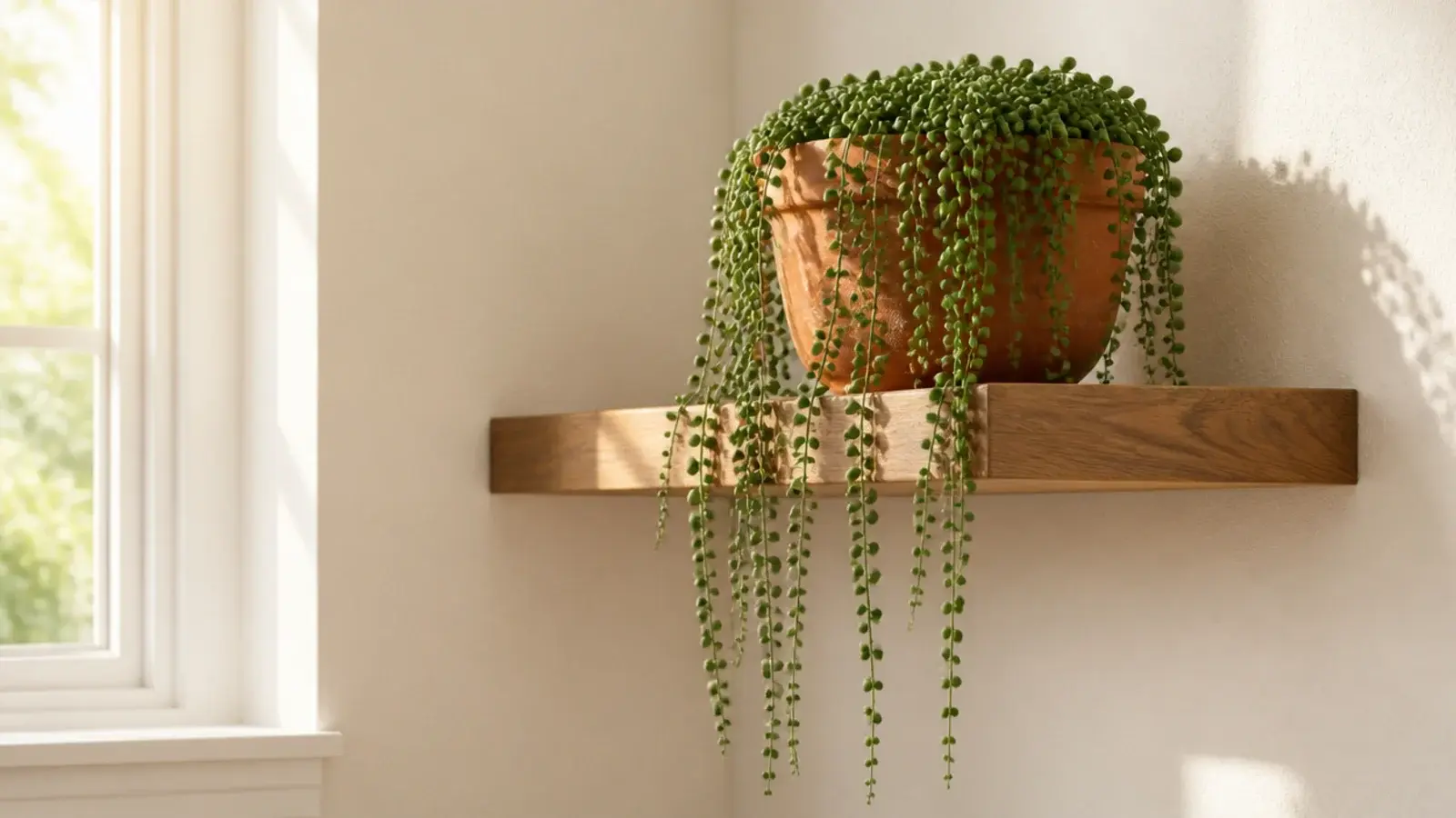 single floating corner shelf holding one large trailing plant alone