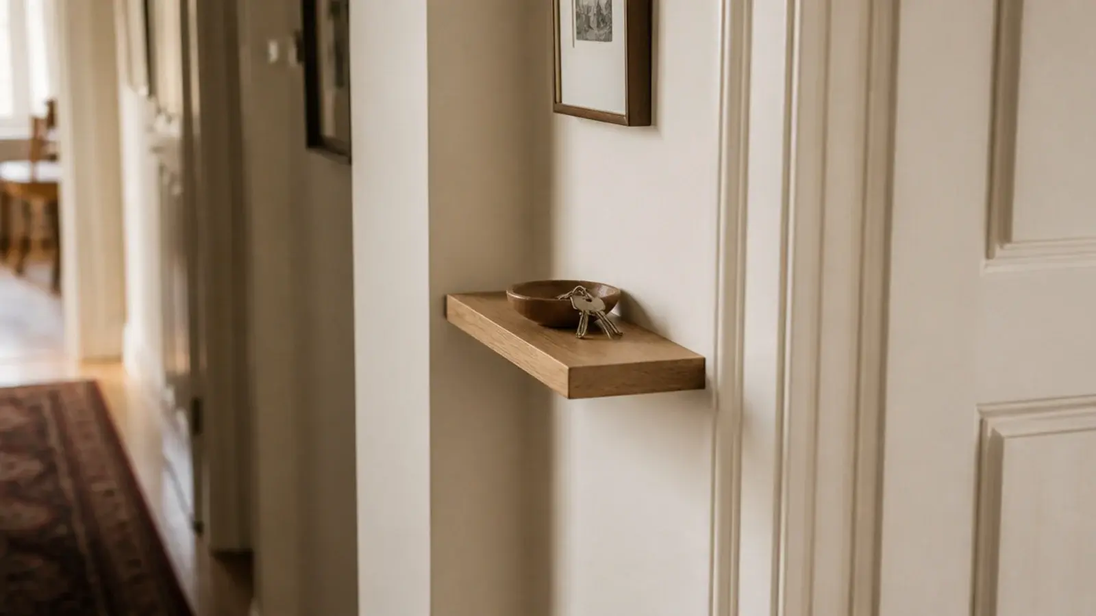 floating shelf spanning the narrow wall between a corner and a doorway