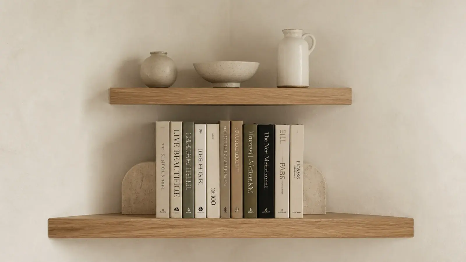 floating corner shelves where only the top shelf is half depth