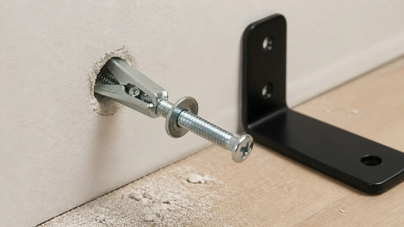 toggle bolt being fitted into drywall for a floating corner shelf
