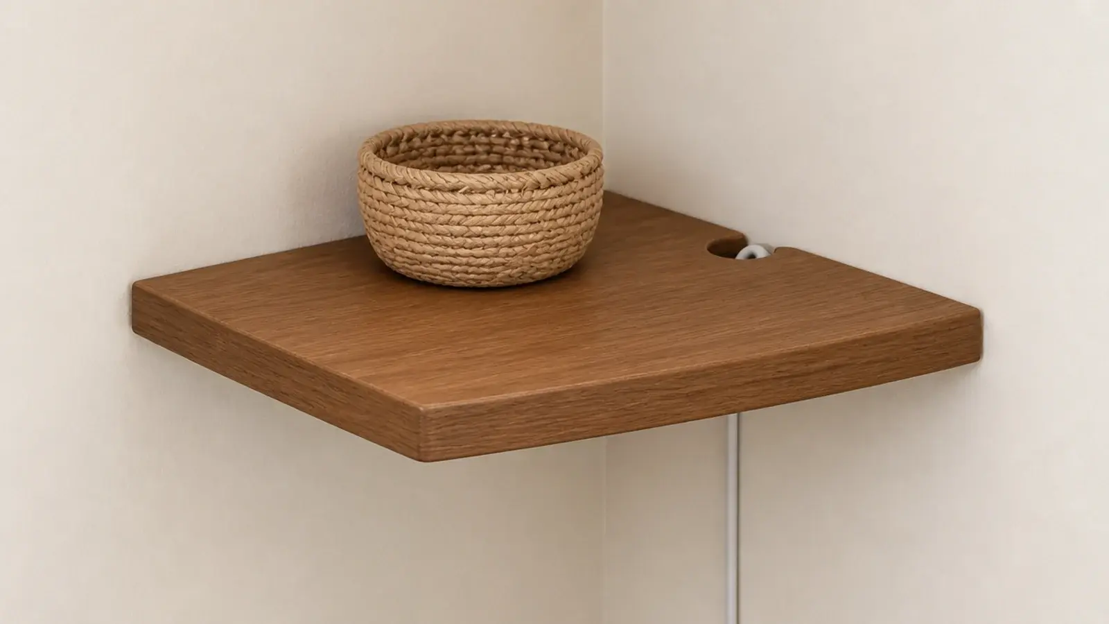 floating corner shelf with a neat cable hole hiding a router below