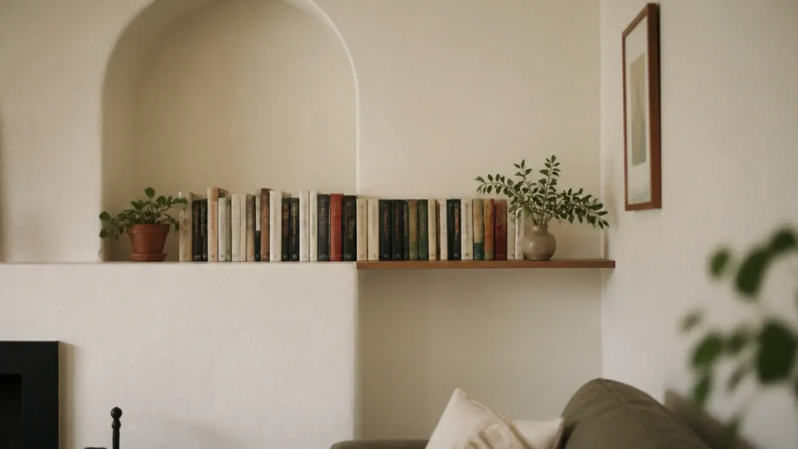 floating corner shelf aligned with an existing alcove shelf line
