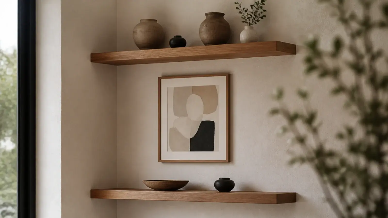two floating corner shelves with a framed print hung in the gap between