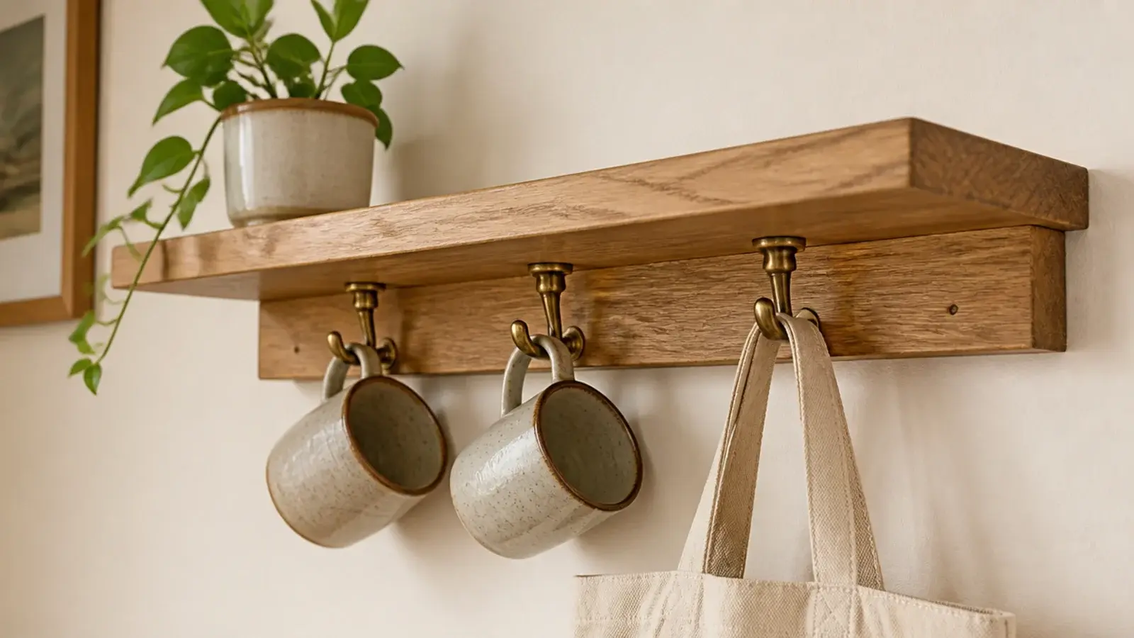 brass hooks fitted under a floating corner shelf holding mugs and bags