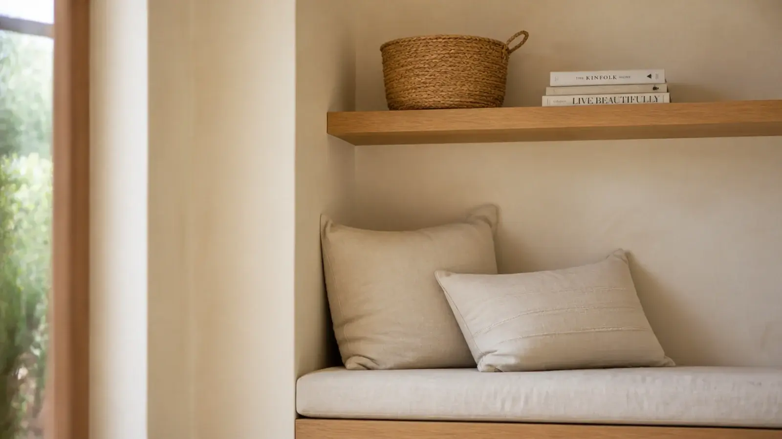 floating corner shelf above a built in bench seat with cushions