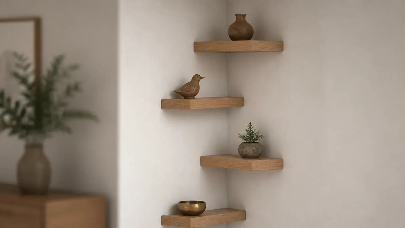floating corner shelves rising in a stair step pattern up two walls