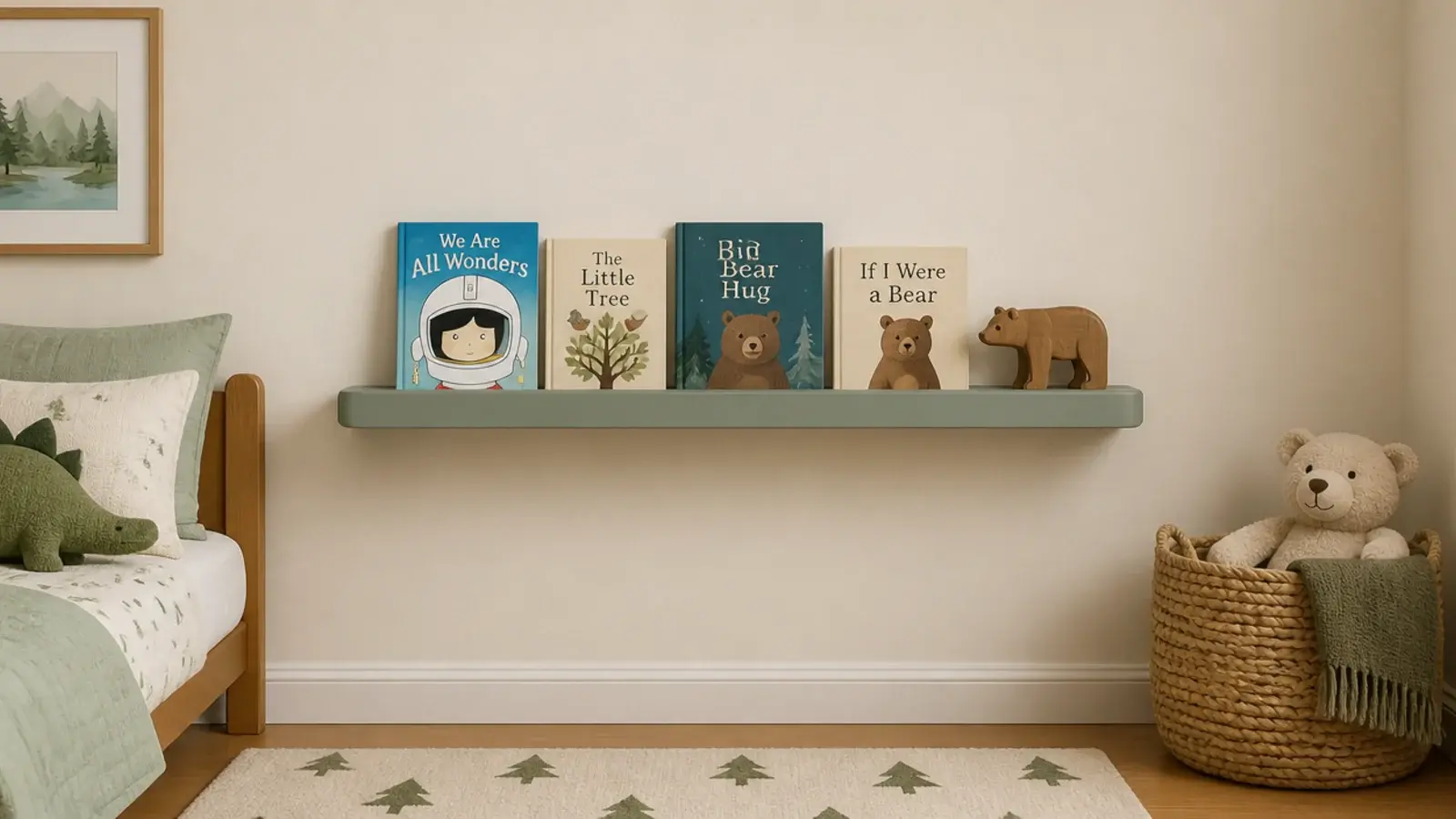 low floating corner shelf with rounded edges in a child bedroom