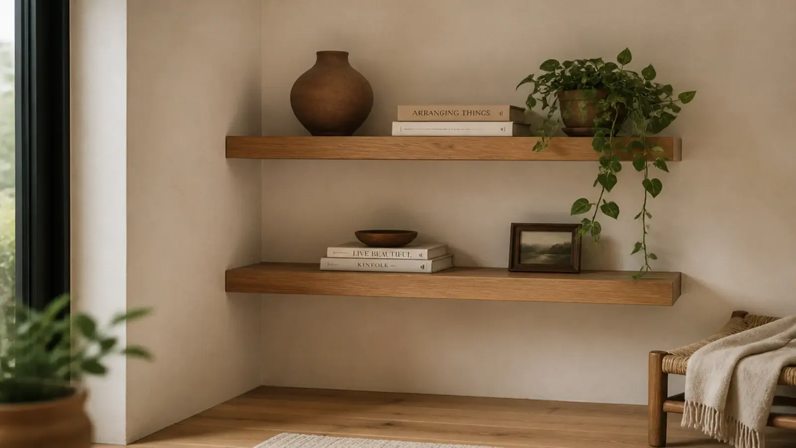 simple floating corner shelves in oak holding pottery with no visible brackets