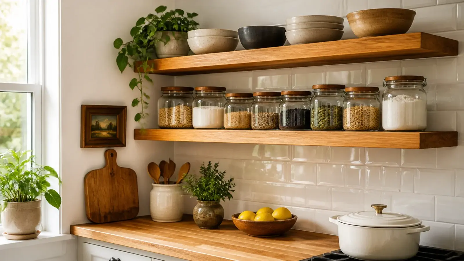 two oak kitchen corner shelves spaced above a butcher block counter