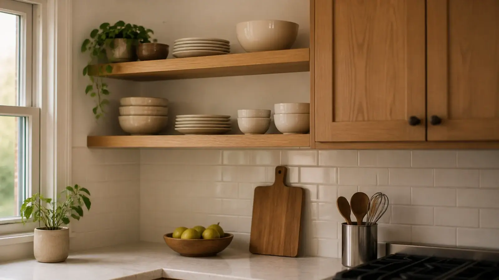 open corner shelves replacing a removed kitchen upper cabinet