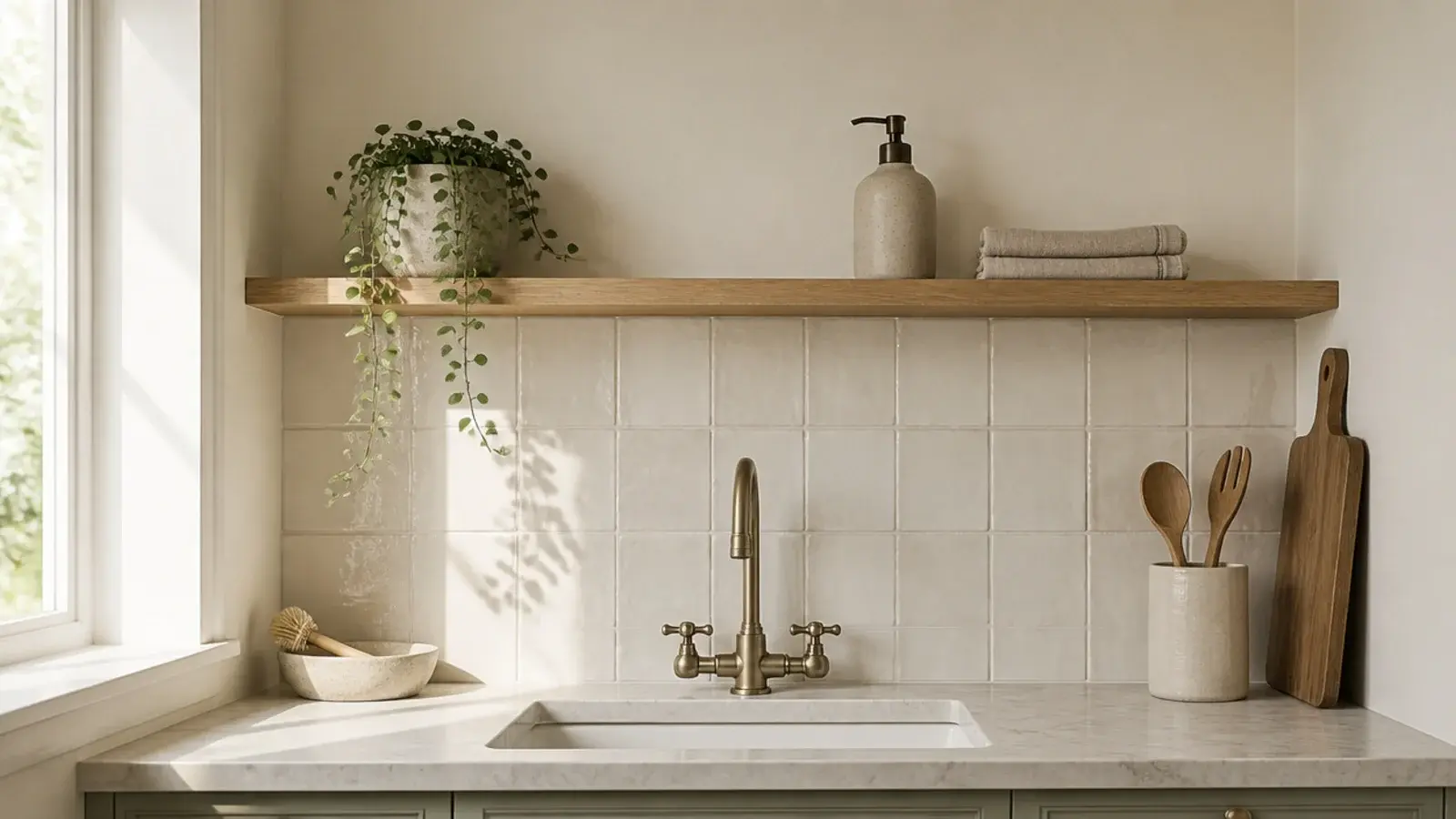 shelf above a kitchen sink corner holding a plant and washing items