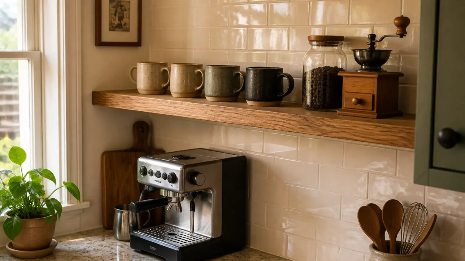 kitchen corner shelf above a coffee machine holding mugs and beans