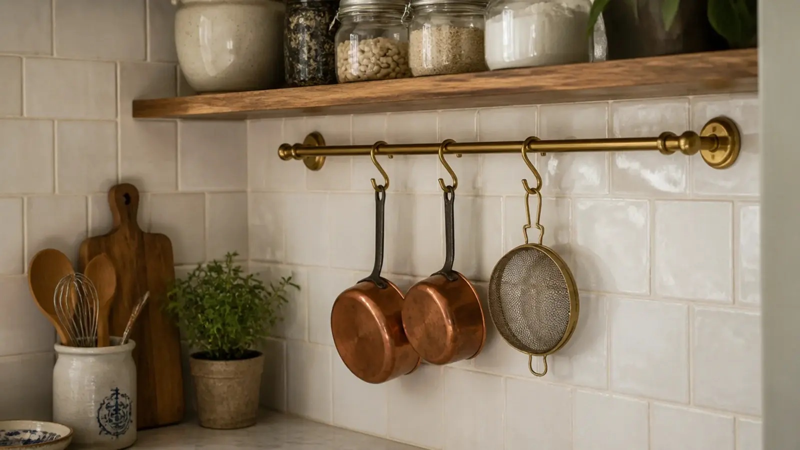 copper pans hanging from a rail beneath a kitchen corner shelf