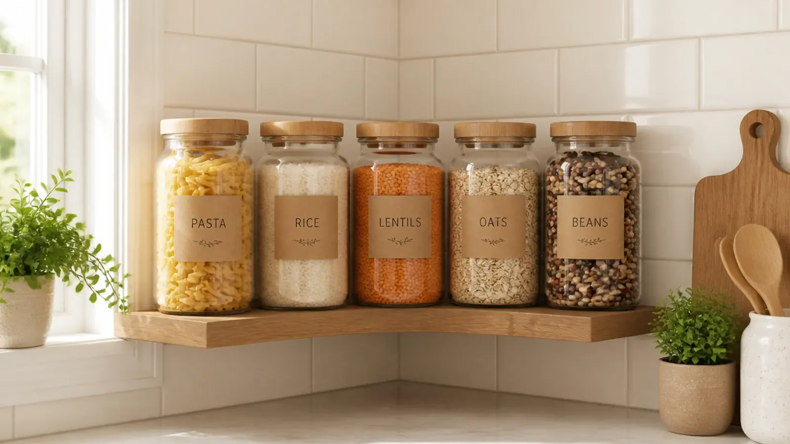 glass jars of pasta rice and lentils lined up on a kitchen shelf