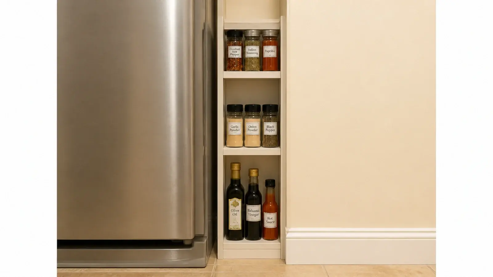very narrow shelf fitted into the gap beside a refrigerator