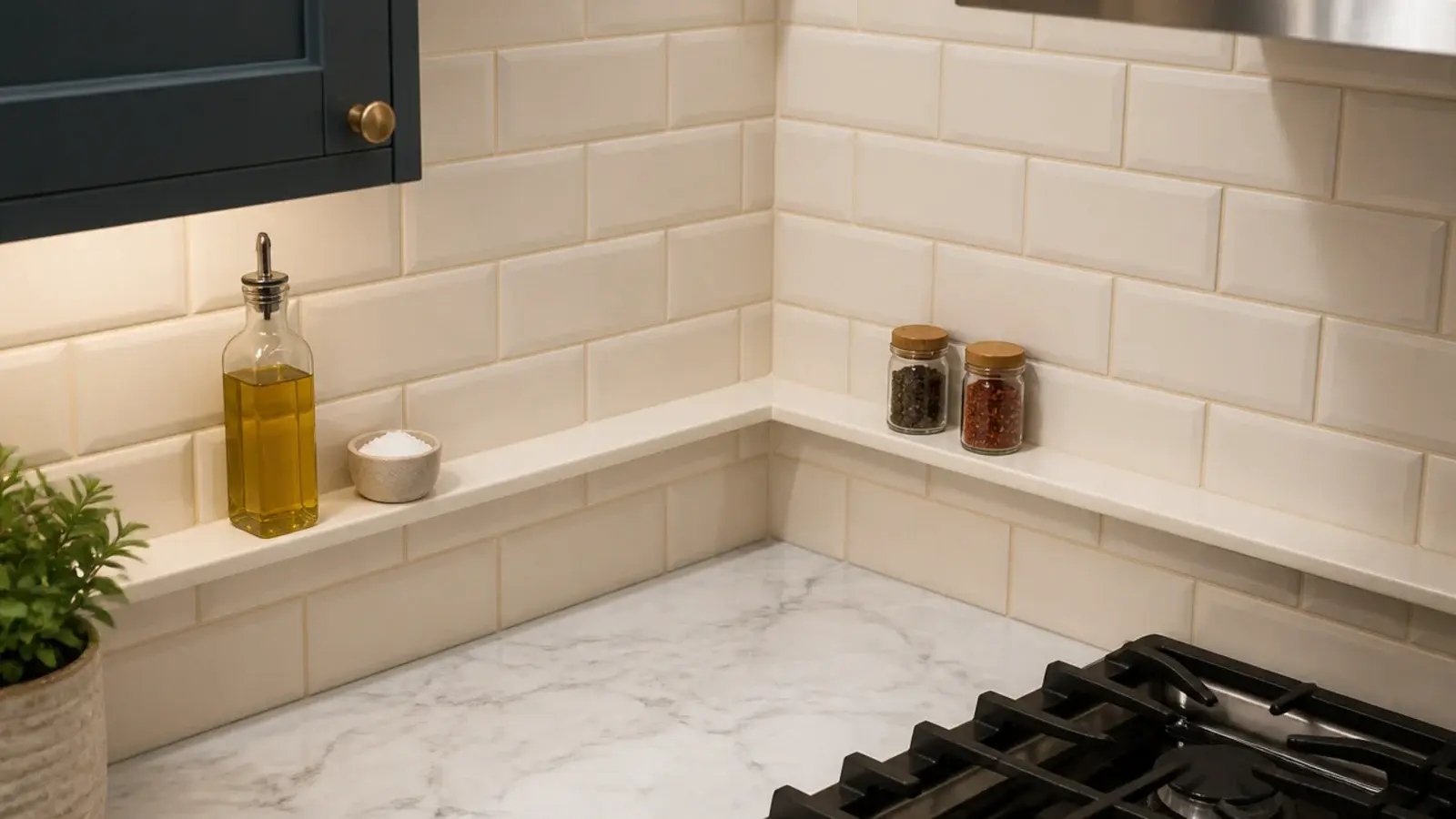 slim ledge running along a kitchen backsplash around the corner