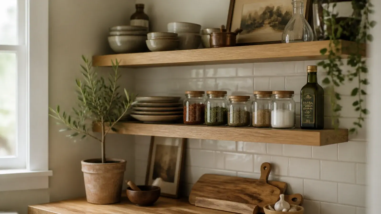 stylish kitchen corner shelf ideas in warm oak holding stoneware and spices