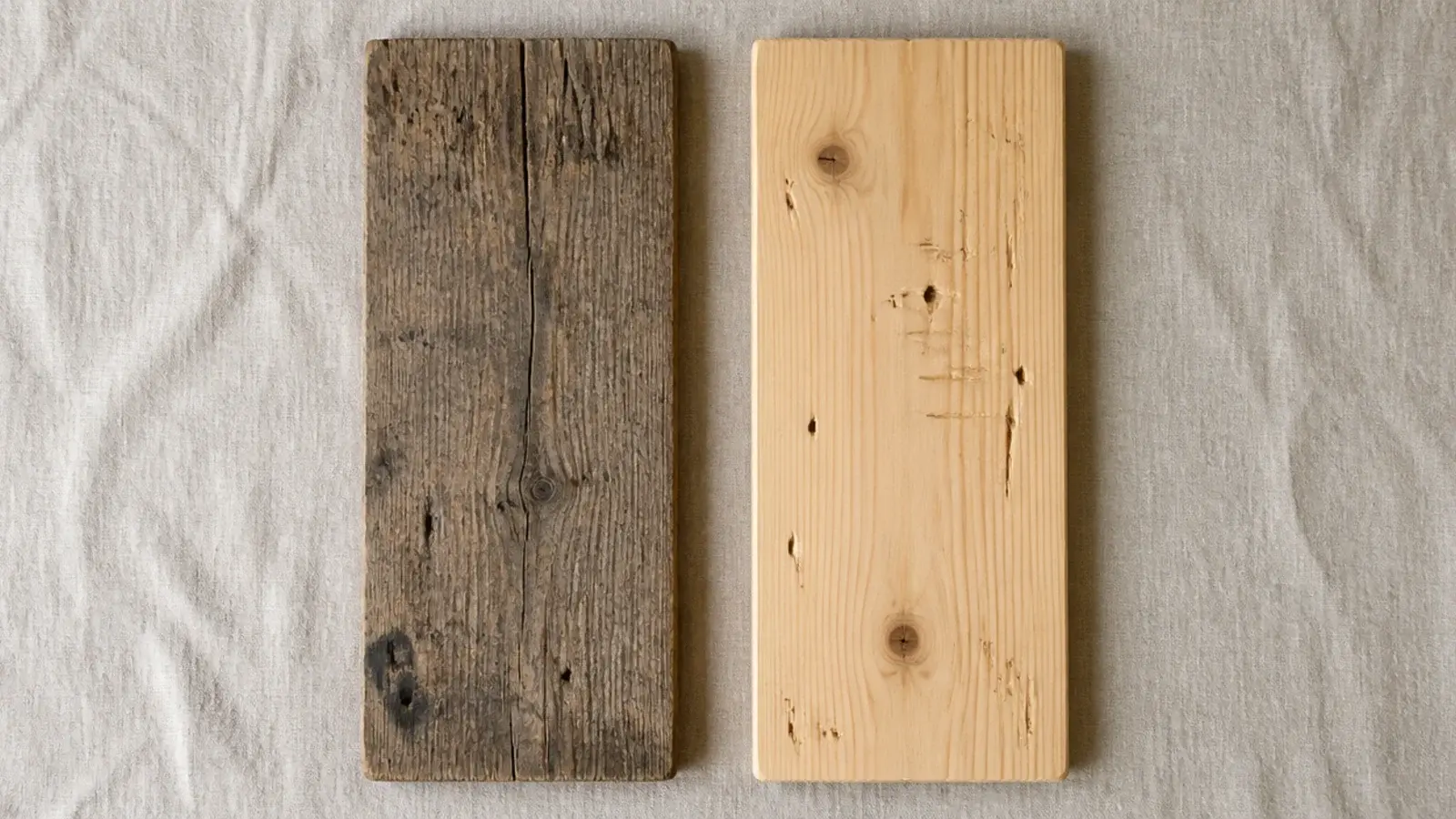 reclaimed scaffold board beside new pine showing genuine weathering contrast