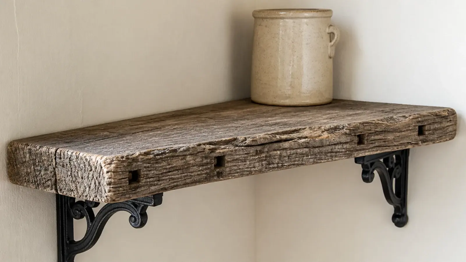 weathered barn board corner shelf on black iron brackets holding a crock