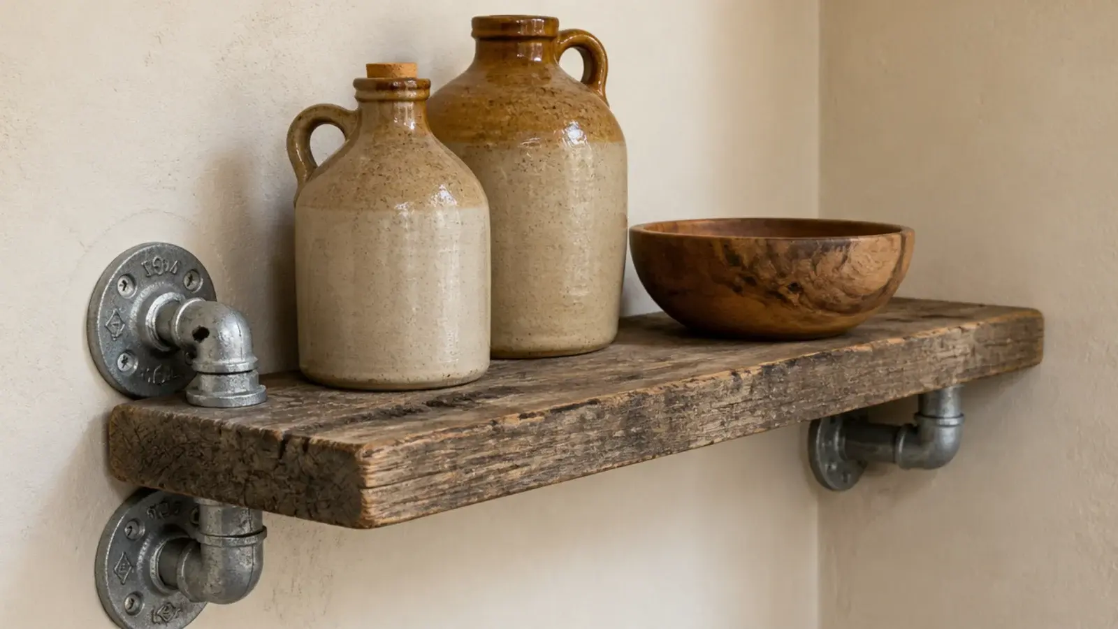 thick scaffold board corner shelf supported by galvanised pipe fittings