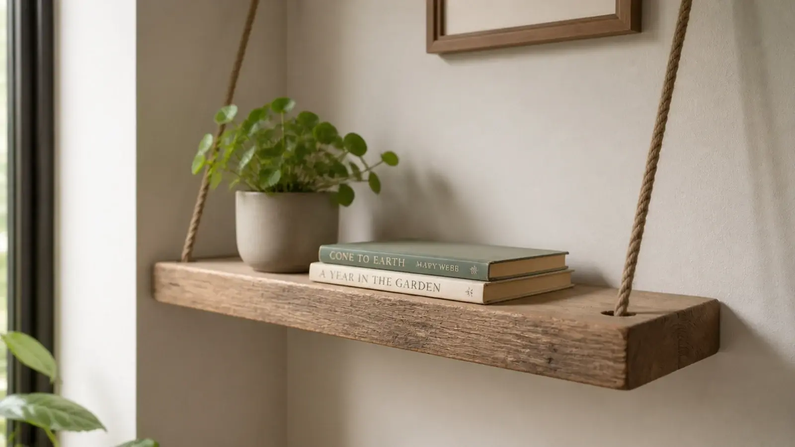 wooden plank shelf hanging from thick natural rope in a room corner