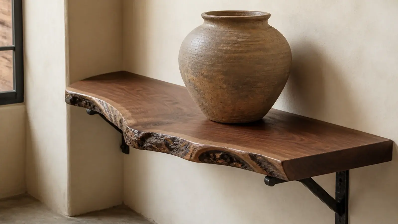 live edge timber slab on hand forged black brackets in a corner