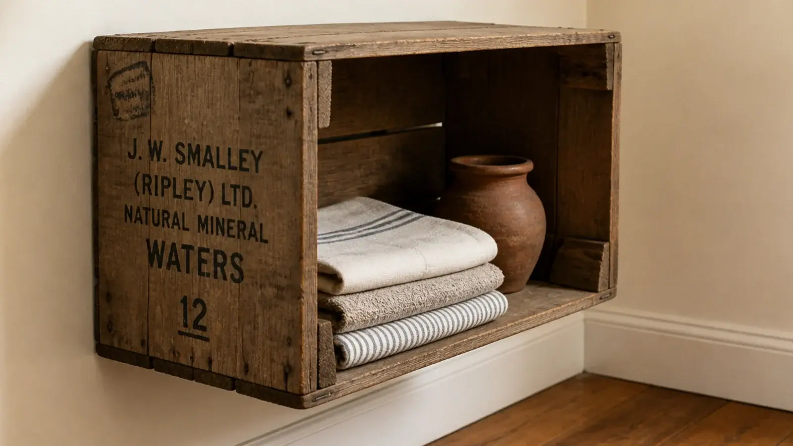 old wooden crate mounted on a wall corner as a rustic cubby shelf