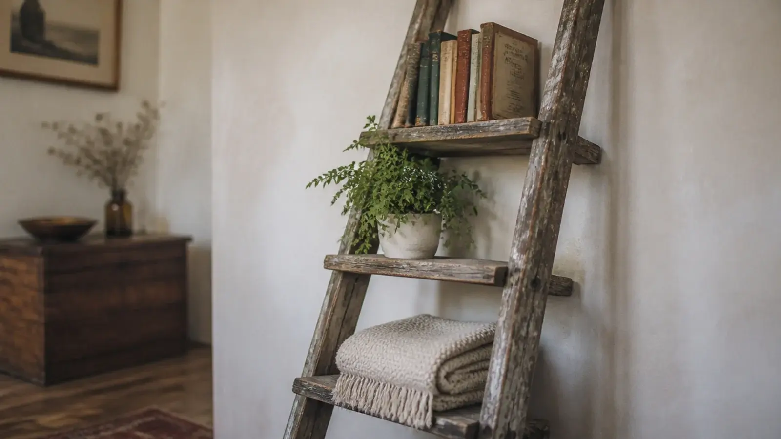 antique wooden ladder leaning in a corner used as rustic shelving