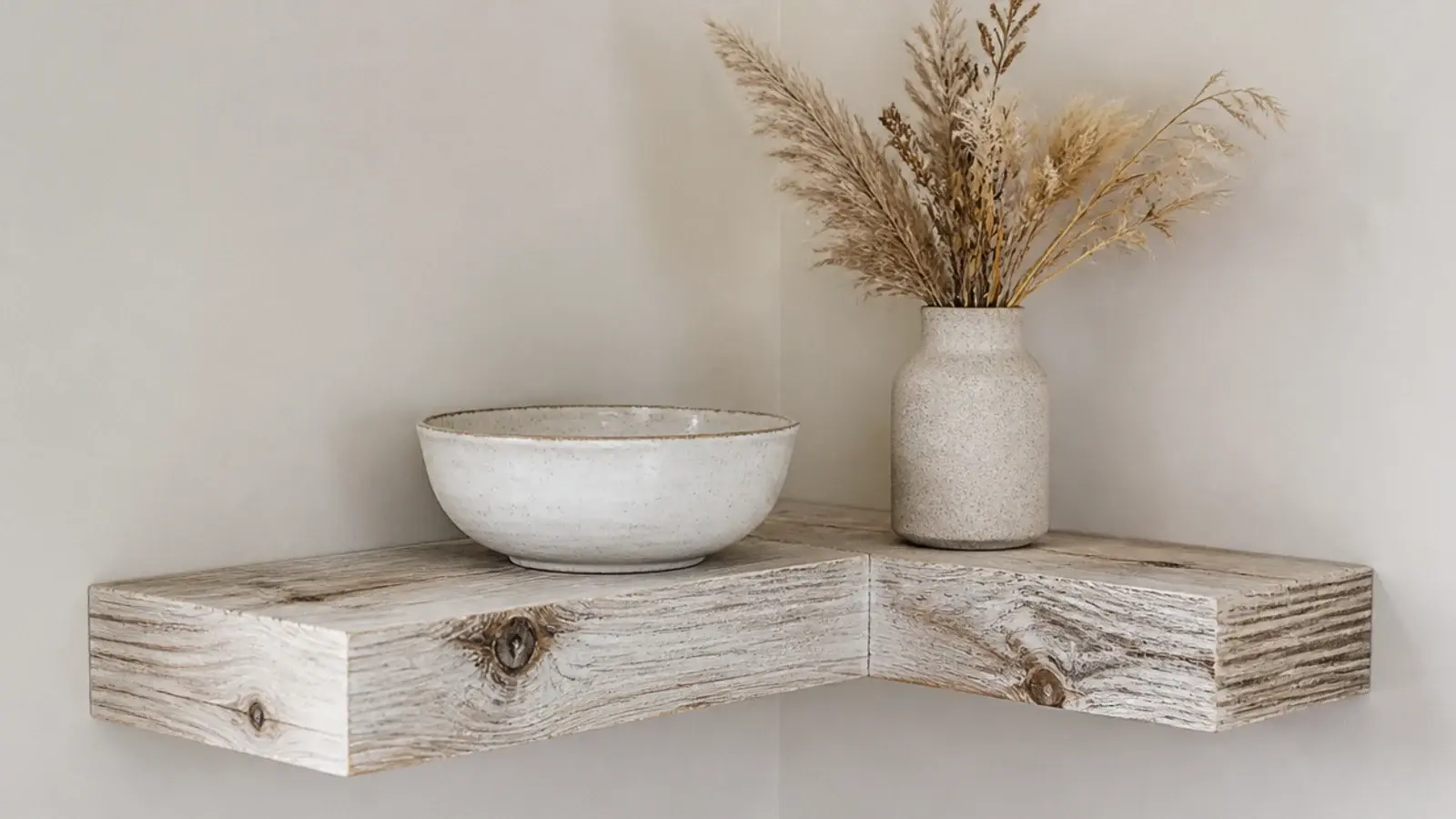 whitewashed rustic corner shelf with dark knots showing through paint