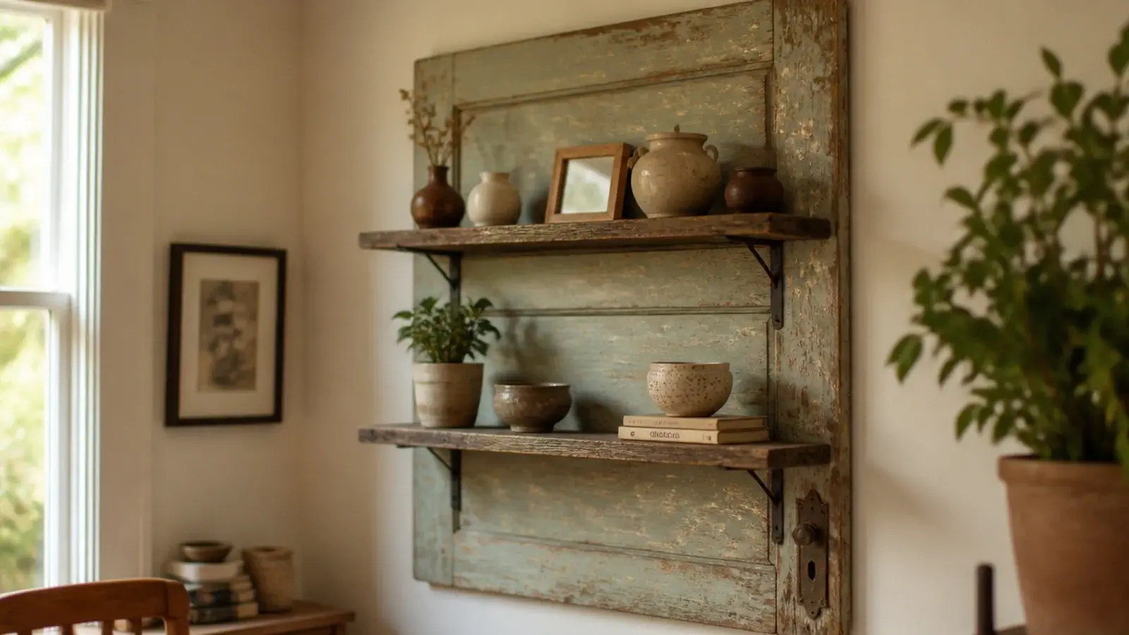 old salvaged door panel mounted behind rustic corner shelving