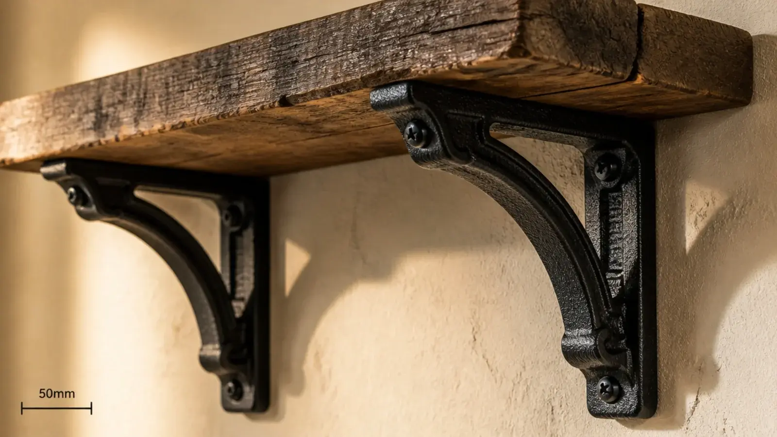 heavy black cast iron shelf brackets supporting a thick timber board