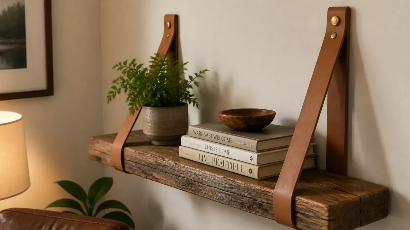 timber shelf hanging from thick tan leather straps on a wall