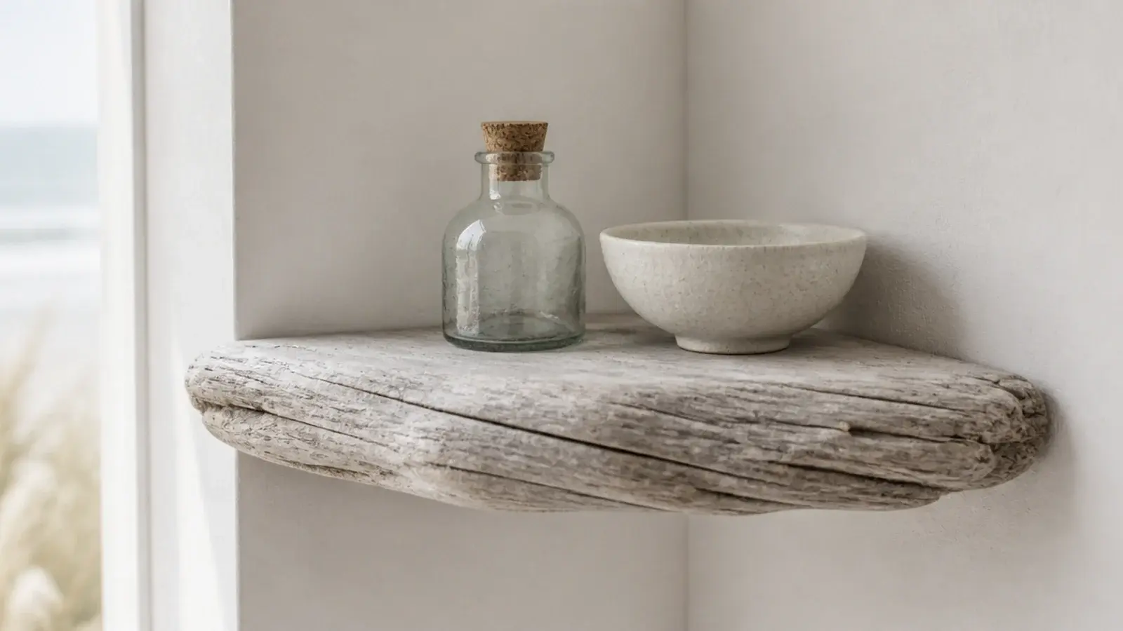 pale weathered driftwood plank mounted as a corner shelf