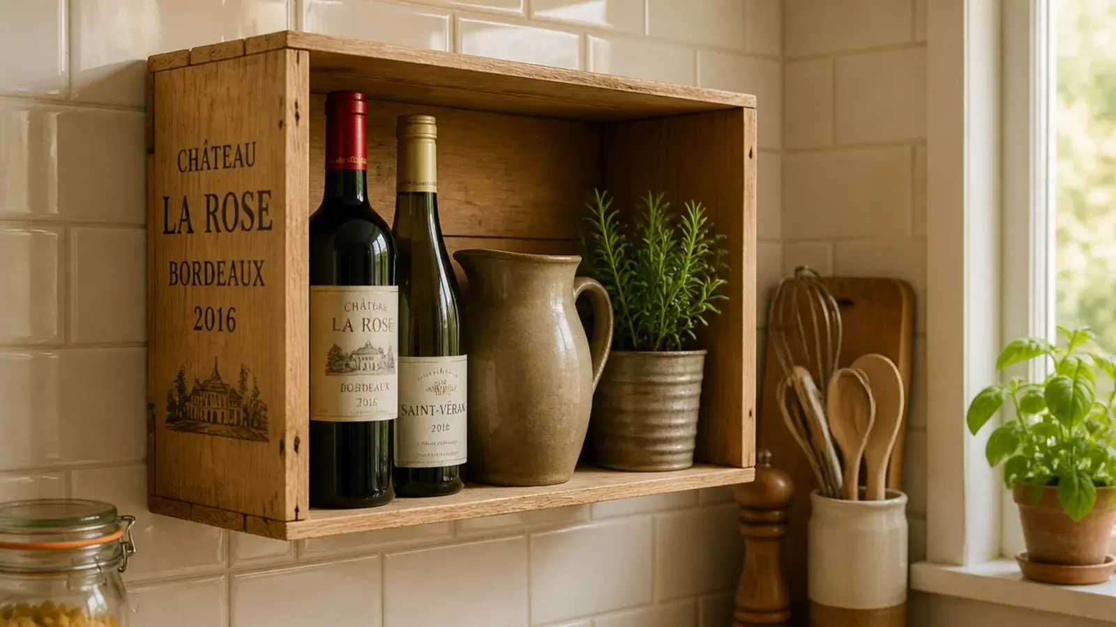 stencilled wooden wine box mounted as a corner shelf holding bottles